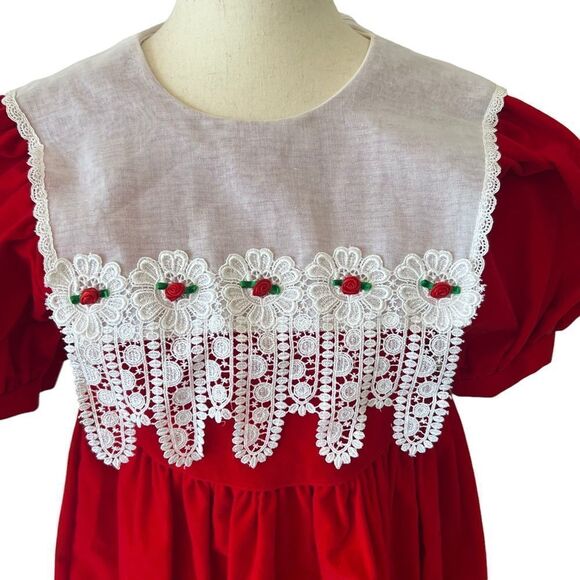 Vintage Girls Red Velvet + White Lace Embroidered Dress - Picture 3 of 6